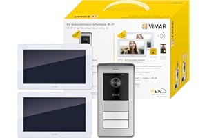 VIMAR K42956 Kit videocitofono multifamiliare, videocitofoni touch screen vivavoce, Wifi, alimentatore barra DIN, targa audiovideo con lettore RFID e 2 pulsanti