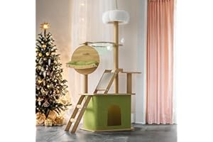 Mekidulu Cat tree-150cm Cat tower-Cat tree for indoor cats-With cat house, Transparent space capsule, Plush jumping platform, Toy ball, Green cotton pad-Cat tree for large cats(green/log color)