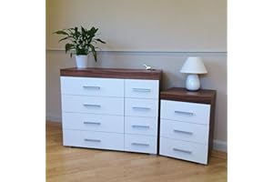 DRP Trading White & Walnut 2 Piece Bedroom Furniture Set, 3 Drawers Chest, 4+4 Drawers Chest, Ample Storage, Elegant Décor, Ideal for Bedroom Organisation, Quality Bedroom Set