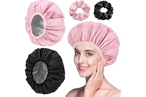 LEIKEDUN 2 Pièces Bonnet Chauffant pour Soins en Profondeur, Bonnet Auto Chauffante pour Soins Capillaires, Bonnet de Soin Double Couche en Aluminium avec 2 Chouchous pour Salon de Coiffure de Spa, Rose+Noir