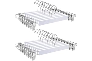 ‎AMBER HOME Amber Home 20 Stück 36cm Weiß Kleiderbügel aus Holz, Robust und Glänzend Hosenbügel Aufhänger für Hosen Shorts Rock Socken Unterwäsche, mit rutschfest Clips und Drehbar Haken