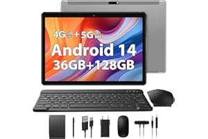 TIGERFU Tablet 10 Pollici Android 14, 36GB RAM+128GB ROM(1TB TF), Octa-Core 2.0 GHz, Dual SIM 4G LTE & 5G WiFi, GMS, 8000mAh, Bluetooth 5.0, 8MP+5MP Pixel, Tablet con Tastiera, Mouse e Penna - Grigio
