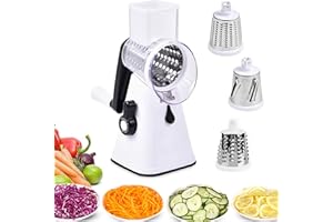 TJC Rotary Cheese Grater Handheld Vegetable Slicer with 3 Stainless Steel Drum Blades - Carrot Grater for Kitchen - Slicer Shredder for Cucumber & Nuts - Strong Suction Base & Easy to Use - White