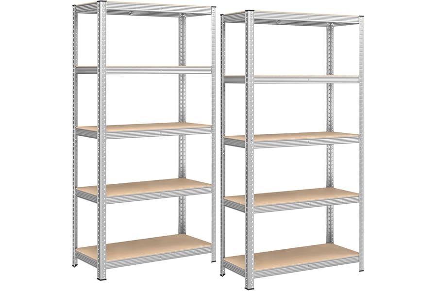 SONGMICS 5-Tier Heavy-Duty Shelving Units, Set of 2 Steel Shelving Units for Storage, Boltless Assembly, for Garage, Shed, Load Capacity 875 kg, 40 x 90 x 180 cm, Silver GLR040E02