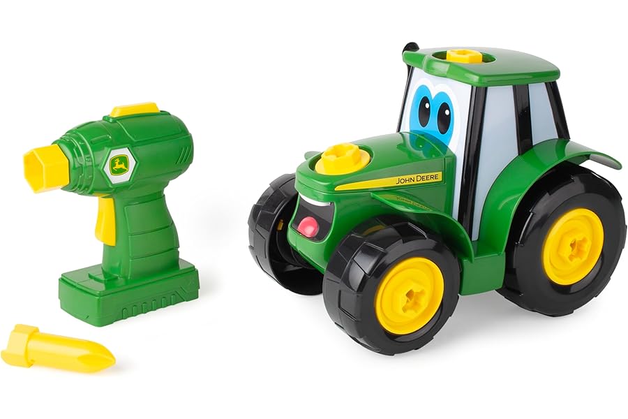 John Deere Build A Johnny Tractor, 16 Piece Building Farm Toy Car, Tractor Toy With Motorised Drill For 18 Months, 2, 3 and 4 Years Old Boys and Girls