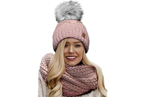 4sold Winter Cappello Set da Donna Taglia Unica di Lana di Mohair e Sciarpa Invernale di Lana Berretto Beanie Fodera in Pile Pompom Artificiale