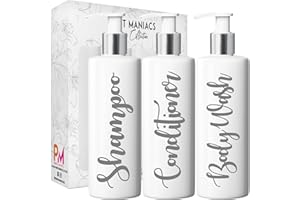 Print Maniacs 3 Set Mrs Hinch Inspired White Personalised Dispenser Pump Bottles Shampoo Conditioner Body Wash (Grey)