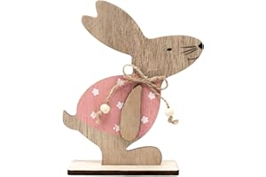 Oblique Unique® Wooden Rabbit Stand Decorative Easter Bunny with Jute Bow and Wooden Beads Easter Decoration Table Decoration Wooden Decoration Figure for Easter (Pink)