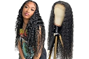 Creuost 24 Inch 4x4 Swiss Lace Frontal Wig Human Hair Water Wave Glueless Perruque Naturelle Brésilien Brazilian Virgin Hair Unprocessed Minimal Tangle 150% Density Natural Black For Women