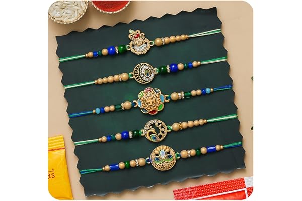 TONKWALAS Multicolor Combo of 5 Rakhi for Brother with Roli Chawal Best Wishes Greeting Card