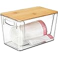 Hudgan Extra Large Trash Bag Holder Acrylic Trash Bag Dispenser Storage with Bamboo Top and Handles