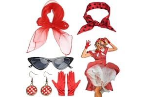 HAMOOM 5TLG 50er Jahre Accessoires Rockabilly Kleider Damen Zubehör mit Chiffon Schal 60er Jahr Kleid Polka Dot Kleidung 1950s Kostüm für Motoparty Retro Teily Party