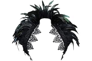 KELAND Damski czarny szal z prawdziwych piór, pod pachy, koronkowy kołnierz, kostium na Halloween, szal, top