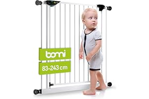 BOMI Treppen und Tür-Schutzgitter Mira | Zum Klemmen | 90° Stop | Schließt automatisch | Treppengitter Weiss für breite Öffnungen | Türschutzgitter für Baby Hund | Breite: 205-203 cm