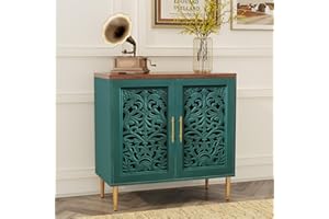 HOLTICO Wooden Sideboard Storage Cabinet with 2 Doors, Vintage Hollow Carving Buffet Accent Cabinet, Modern Green Sideboards for Living Room, Kitchen, Dining Room, Hallway