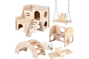 Vegena Wooden Hamster Toy Set, 5 Pcs Hamster Toys Set, Wooden Pine Guinea Pigs Toy, Including Wooden Hamster House Seesaw Bridge And Swing, Wooden Toys for Hamster Bunnies Small Pet