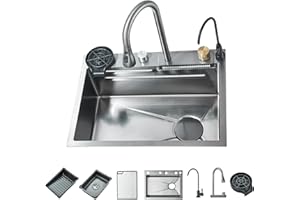 Cesinkin Evier Cuisine Multifonction avec Haute Pression Robinet Bec Extractible et eau Pure Rince Verr 60 * 45 * 21cm Automatique Evier 1 Bac avec Egouttoir