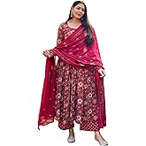 GoSriKi Women's Rayon Viscose Printed Anarkali Kurta with Pant & Dupatta | Anarkali Suit for Women | Anarkali Kurta Set with