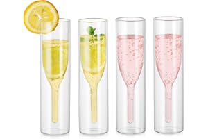 INWEDER Lot de 4 flûtes à champagne sans pied en cristal - Verres à prosecco à double paroi - Verres à vin classiques en forme de tulipe - Verre transparent soufflé à la main pour cadeaux de mariage, fêtes,