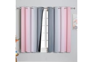 VEHEDE Blackout Noise Reducing Eyelet Curtains & Drapes for Kids Bedroom, Ombre Energy Saving Thermal Curtains, Wave Gradient Curtain for Small Window, W52 x L54 Inch, Pink and Grey, 2 Panels