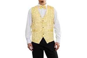 Caziffer Gilet Costume sans Manche Homme à Sequins Blazer Homme à Couleur Unie Col en V Gilet Costume Homme Boutonné avec Nœud Papillon