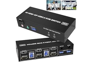 RYTAKI DP + HDMI KVM Switch 2 PC 2 Monitore, 4K@60Hz HDMI DisplayPort Extended Display Switcher für 2 Computer teilen sich 2 Monitore und 3 USB 3.0 Ports, Kabelfernbedienung und USB Kabel im Enthalten