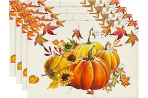 ‎ARTOID MODE Artoid Mode Kürbisse Ahornblätter Sonnenblumen Herbst Platzsets 4er Set, 30x45cm Urlaub Tischsets Waschbar Platzdeckchen Küche Party Deko