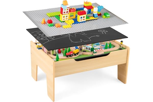 GOPLUS 100Pcs Table Circuit de Train Enfant en Bois, 2 en 1 Table Rail de Train Enfants 3 + Ans Pistes Tiroir de Rangement, pour Garçons et Filles 3 Ans+ (79x51x15CM|100 PCS)