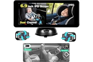 Hikity Monitor para Bebé en Coche con Cámara - Vigilancia Trasera Infantil - Equipado con una Pantalla IPS de 6,9 Pulgadas - 2 Cámaras, Función de Visión Nocturna, Soporte con Ventosa, DC 12V