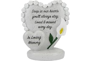 QUICKDRAW SUPPLIES In Loving Memory Memorial Double Heart Ornament with Rose Border & White Lily – Stone-Effect Standing Grave Ornament with Inscription – Graveside & Garden Tribute Keepsake for Mum Dad Nan Grandad