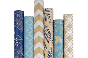 RUSPEPA Rotolo Di Carta Da Regalo Kraft - Più Motivi Blu E Bianchi Ideali Per Complimenti, Vacanze, Chanukah E Regali Per Occasioni Speciali - 6 Rotoli - 76 X 305 cm Per Rotolo