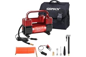 GSPSCN compresor de aire portátil de metal DC 12V，Hinchador Ruedas Coche de neumáticos rojo de doble cilindro de servicio pesado, Inflador Ruedas Coche, Bomba Eléctrico 150PSI con Luz LED