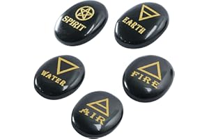 Crocon 5 Elements Black Tourmaline Stones Engraved Triangle Symbols (Earth Air Fire Water Spirit) Polished Palm Stones for Gemstone Reiki Crystals Healing