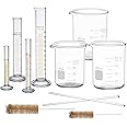 Thick Glass Graduated Measuring Cylinder Set 5ml 10ml 50ml 100ml Glass Measuring Beaker Set 50ml 100ml 250ml with 2 Glass Stirring Rods 12’’ Long 1/4’’ Diameter and 2 Brushes