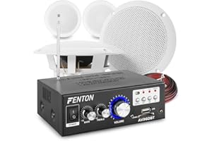 Power Dynamics Bluetooth Ceiling Speaker System with Amplifier FM Radio and MP3 USB for Home Hi-Fi Cafe Restaurant Shop Installation (Four MS40 Speakers)