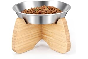 BULANGDE Gamelle Chat Plate INOX Surélevée avec Bambou Support Bois,Unique 1 Bol Assiette Chat Chien Lapin Antidérapante pour Eau et Nourriture,Mangeoirs et Abreuvoirs pour Animaux