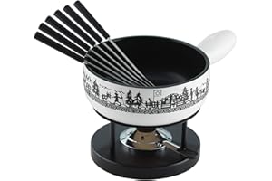 ‎KUHN RIKON KUHN RIKON Käsefondue Set Alpenweide, 23 am, aus Ton, Induktionstauglich, inkl. Rechaud, Pastenbrenner und Gabeln, Weiss