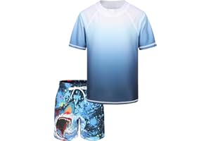 AISYEE Maillot de Bain Garcon 2 pièces t Shirt Anti UV Enfant à Manches Courtes Haut de Bain UV Garcon Short de Bain Garcon Enfant pour Surf Natation Piscine Plage 4-16 Ans