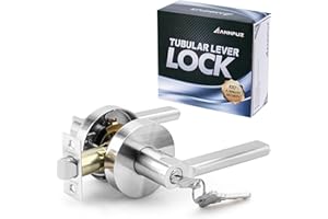 ANNFUZ Round Heavy Duty Entry Door Lever Handle Lock With Key for Office/Front Door,Entrance Interior Exterior Door Knob Hardware,Lockable,Not Keyed Alike,Reversible for Left/Right Side (Satin Nickel)