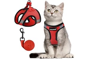 FAYOGOO Katzengeschirr Katzenleine Geschirr für Katzen, Katzengeschirr mit Leine AusbruchsicherVerstellbares Katzen Geschirr Kontrollierende Atmungsaktive Katzenleine mit Reflektierenden Streifen Rot