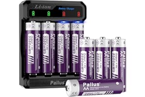 PALLUS Rechargeable Batteries AA with Charger, 3500mWh Large Capacity 8-Pack with Voice Intelligent Charger, Double A Lithium Batteries Rechargeable 1.5V Constant Output,1500+ Cycle Charging