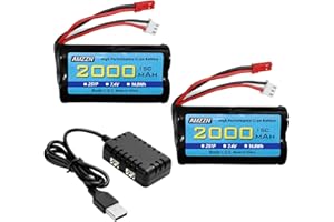 AMZZN 2 Unidades 7,4V 2000mAh 15C Lipo batería JST-2P Enchufe con Cargador 2 en 1 para UDIRC UD1601 UD1602 UD1604 SG1603 RC vehículos, Barco RC,dron RC,batería de Reserva del vehículo de ingeniería