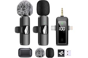 HMKCH Wireless Lavalier Mikrofon für Android Handy, iPhone, Kamera, PC, 4-in-1 Kabelloses Ansteckmikrofon mit Rauschunterdrückungsmodus, Batteriestandsanzeige für Videoaufnahmen, TikTok, YouTube, Vlog