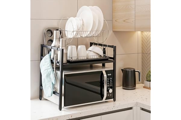 ABOUT SPACE Metal Microwave Stand Kitchen Storage Rack - Expandable Height Adjustable Microwave Stand with Hooks Oven Stand for Kitchen Platform OTG Stand Countertop Black (L65 x B36.5 x H46 cm)