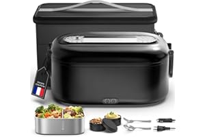 WLIKEIT Gamelle Chauffante, Lunch Box Chauffante Electrique, 1,5 L 80 W Gamelle Isotherme pour Repas Chaud, 12V/24V/220V Acier Inoxydable Boite Repas pour Voiture Camion Bureau, Tupperware Chauffant, Noir