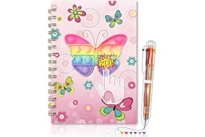 GINMLYDA Diario para Niños con Pop-on-It y Bolígrafo, 21x14.5cm 80 Hojas Mariposa Poppets Cuaderno A5 Espiral con Bolígrafo de 6 Colore Juguete Fidget Pop Diario Secreto Niño para Regalo 5 6 7 8 9 10 Años