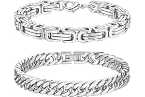 Uwiyo Mens Bracelets Set, 2 Pcs Stainless Steel Mens Silver Cuban Link Chain Byzantine Bracelet Silver Chain Bracelet for Men Boys Birthday Anniversary Father's Day Christmas