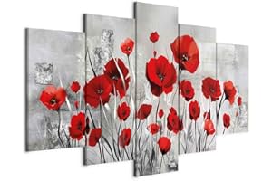 B&D XXL - Tableau décoratif nature 200x100 cm - Impression sur toile colorée - Décoration murale pour salon et chambre - Rouge gris - Artistique fleurs coquelicots nature plantes gris b-A-0001-b-n