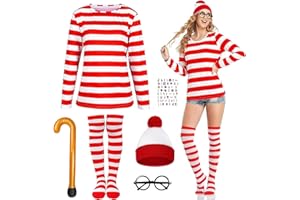 BITOYO Adult Fancy Dress, 90s Cosplay Accessories Set with Red and White Striped T-Shirt, Beanie Hat, Nerd Glasses for Men and Women World Book Day, Halloween, Carnival, School Dress up Day Cosplay Outfit