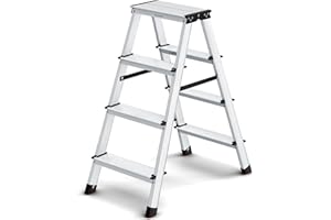 SONGMICS Escalera Plegable, Escalera de Mano, Escalera de Aluminio con 4 Peldaños Antideslizantes, Multifuncional, Carga de 150 kg, Gris Plata y Negro Tinta GLT014E01